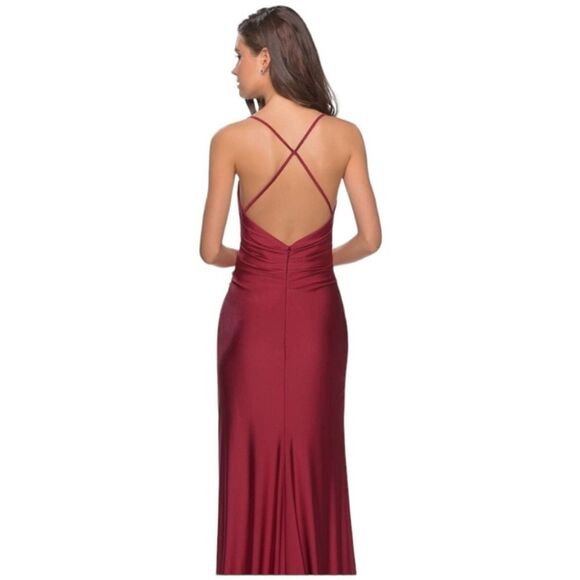 NWT La Femme Long Criss Cross Open Back Side Slit Trumpet Dress Burgundy Size 2 - Picture 11 of 12